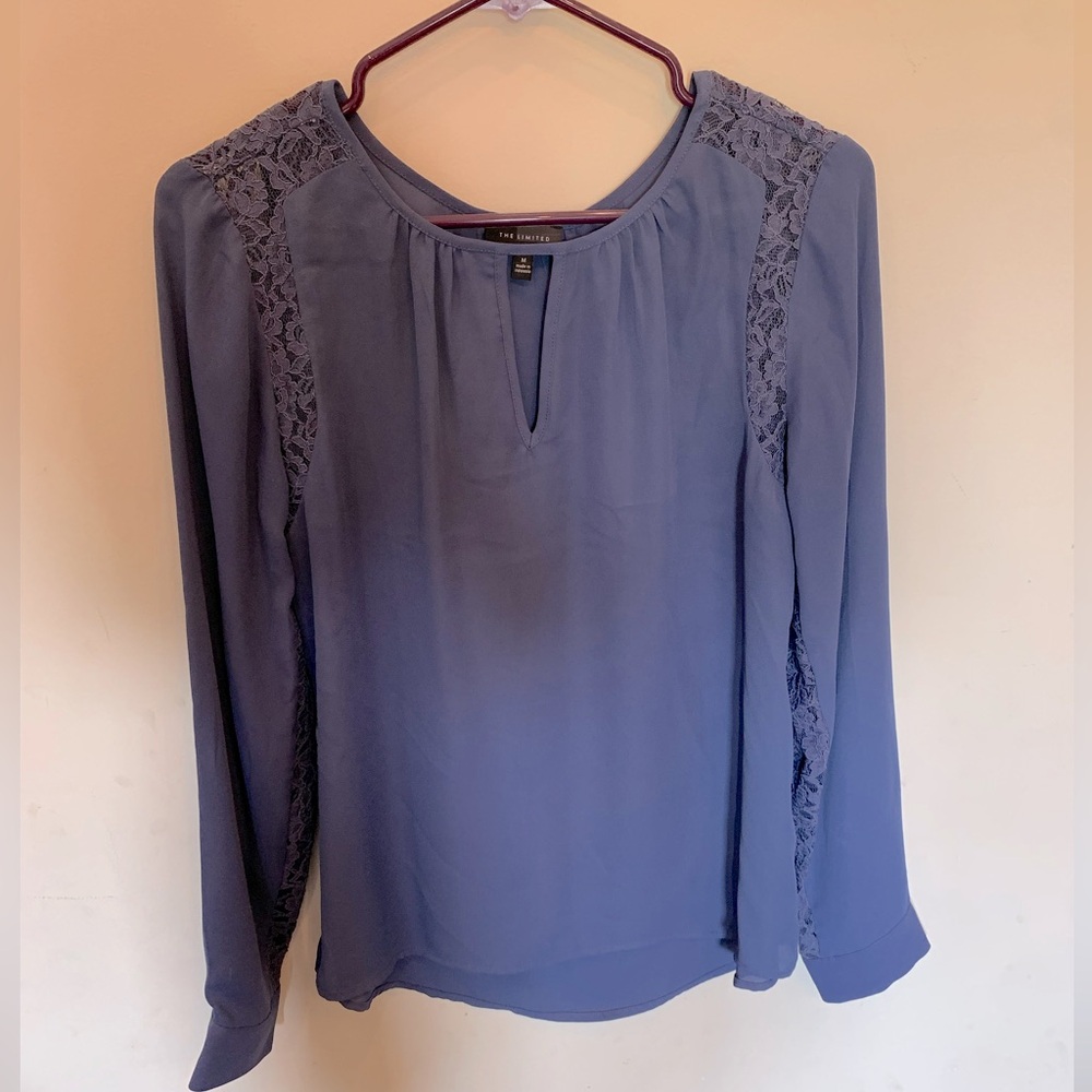 The Limited slate blue lace accent keyhole blouse